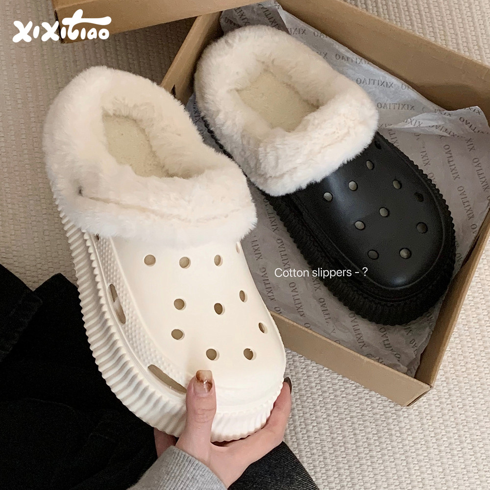 细细条 加绒洞洞鞋女秋冬外穿时尚厚底保暖包头可拆卸懒人棉拖鞋