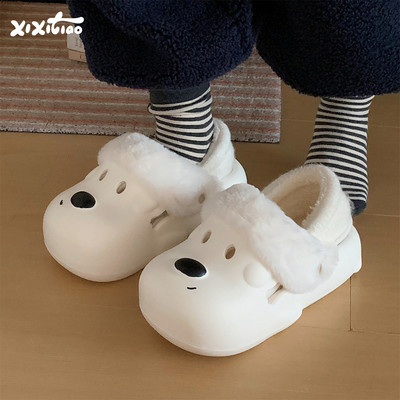 细细条可爱小狗防水棉拖鞋女