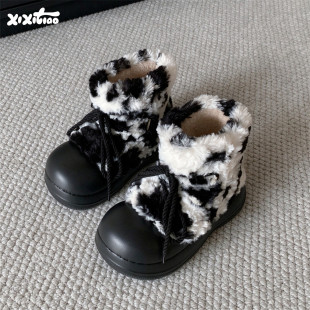 细细条 网红个性奶牛纹雪地靴女冬防滑厚底保暖系带毛绒棉短靴ins