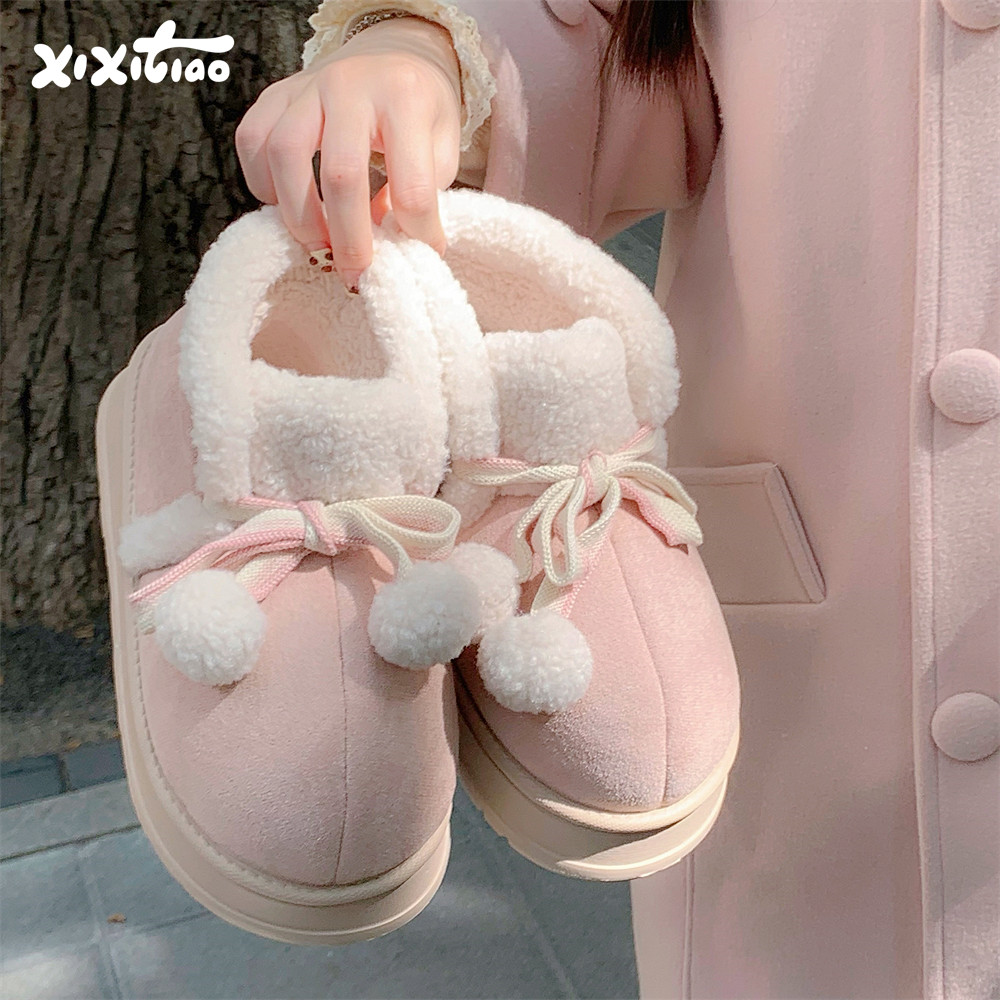 细细条 甜美蝴蝶结小吊球雪地靴女加绒加厚网红拼色冬季户外棉鞋