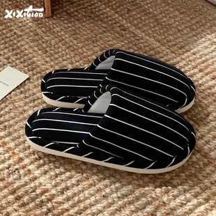 男女防滑家居秋冬简约条纹情侣棉拖鞋 通用静音地板鞋 四季 细细条