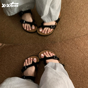 细细条 时尚方扣女夏磨砂牛皮一字拖防滑外穿交叉带夹趾软木拖鞋