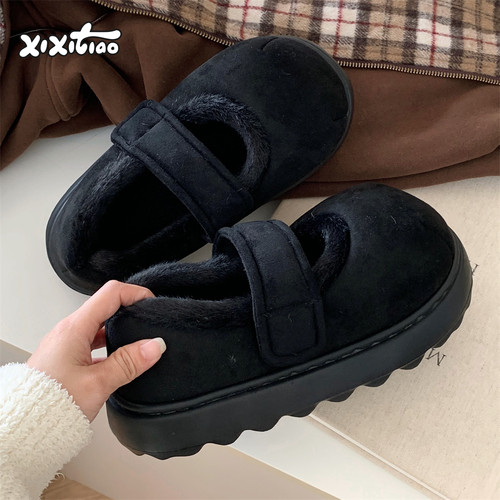 细细条简约风纯色魔术贴棉鞋