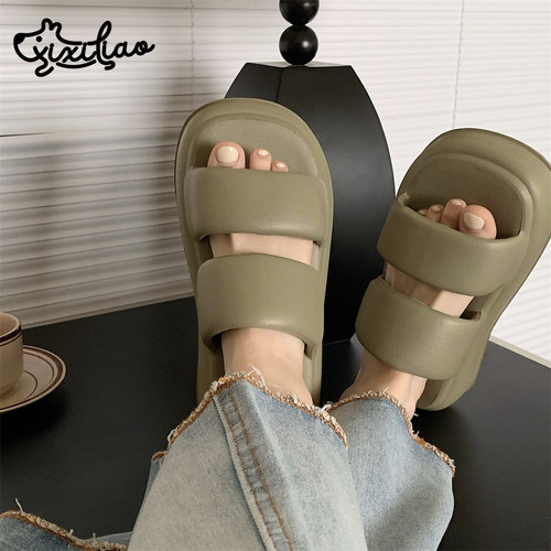 细细条时尚厚底增高外穿双带拖鞋