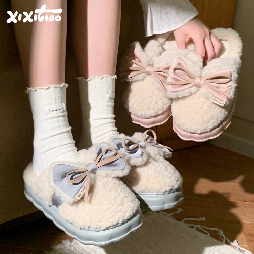 细细条撞色蝴蝶结网红棉拖鞋