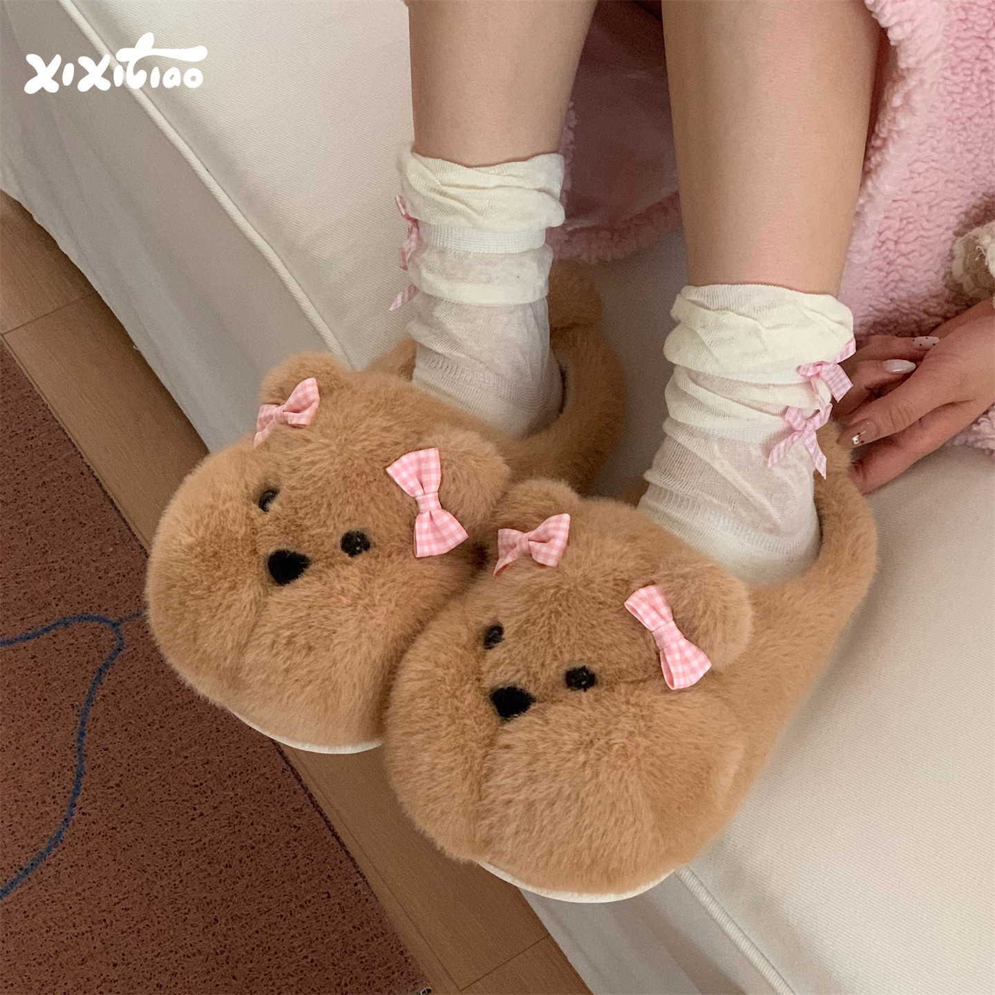 细细条软萌蝴蝶结小胖熊毛毛鞋