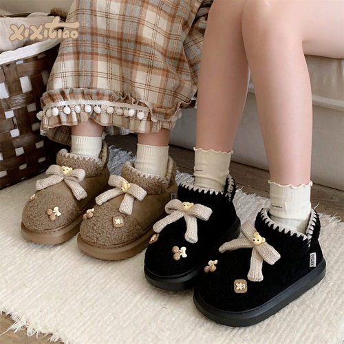 细细条少女心小熊时尚雪地靴