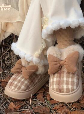细细条 格子蝴蝶结棉鞋女保暖加绒加厚时尚冬季外穿少女心雪地靴