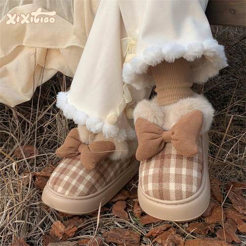 细细条格子蝴蝶结少女心雪地靴