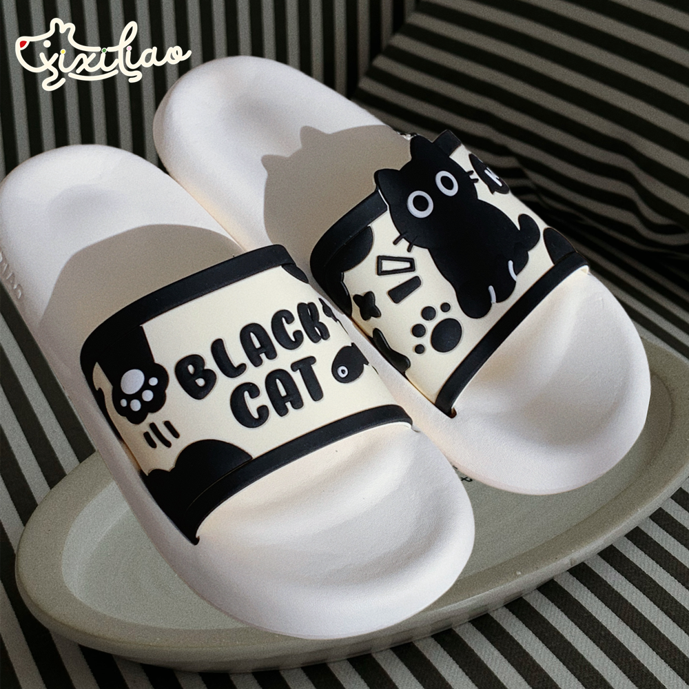 细细条 家用防滑eva浴室凉拖鞋女夏季时尚创意卡通小黑猫外穿拖鞋