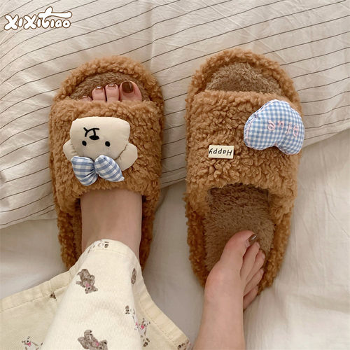 细细条蝴蝶结小熊室内毛毛拖鞋
