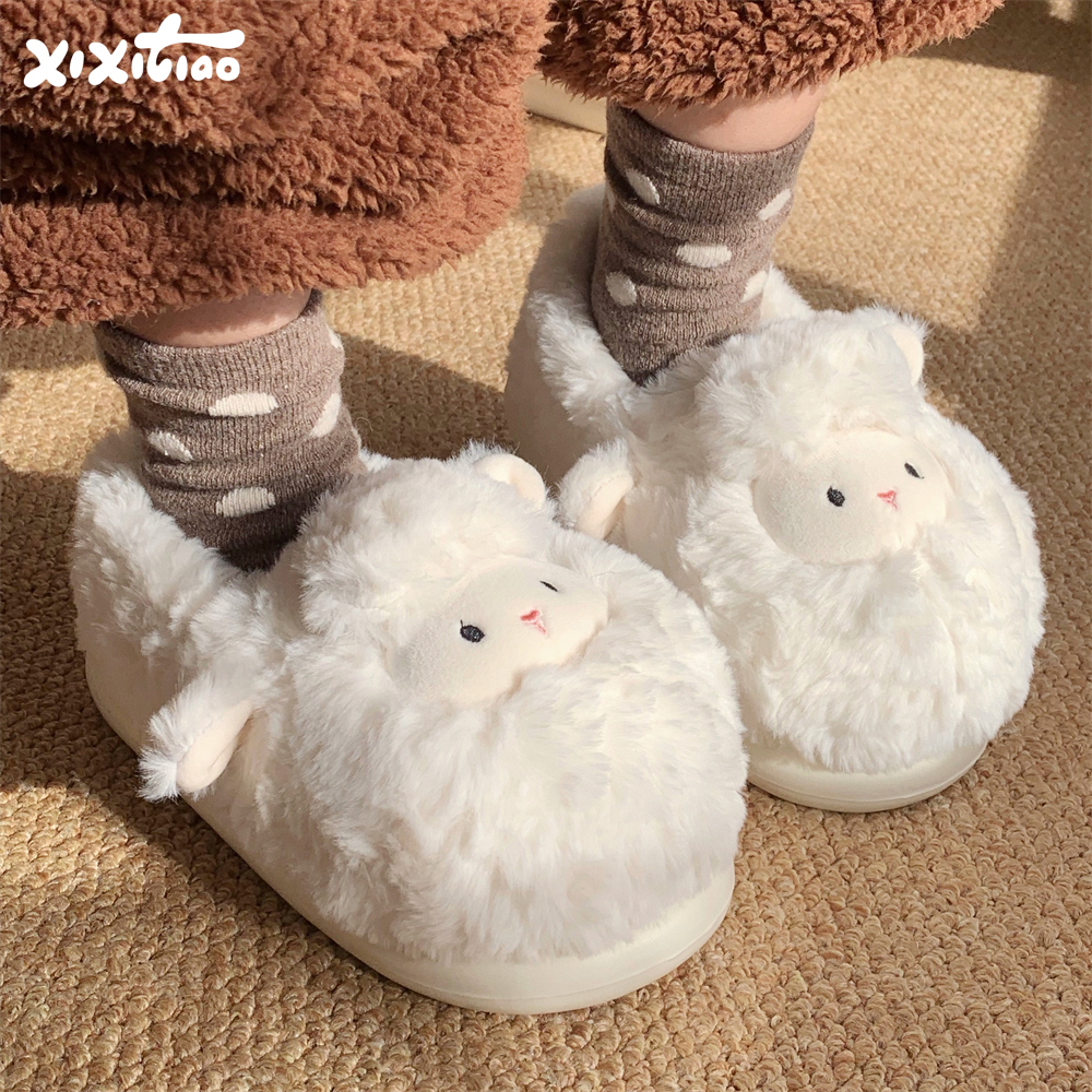 细细条软萌小羊毛绒包跟棉拖鞋