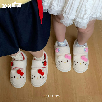 细细条 加绒面包鞋女正版HelloKitty猫冬可爱防滑厚底魔术贴棉鞋