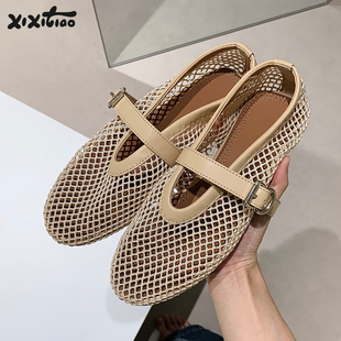 细细条 圆头网眼芭蕾舞单鞋女夏ins外穿平底镂空玛丽珍凉鞋渔网鞋
