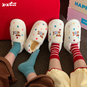 细细条 冬 家居保暖包跟月子毛毛鞋 趣味彩点狗狗棉拖鞋 女2025新款