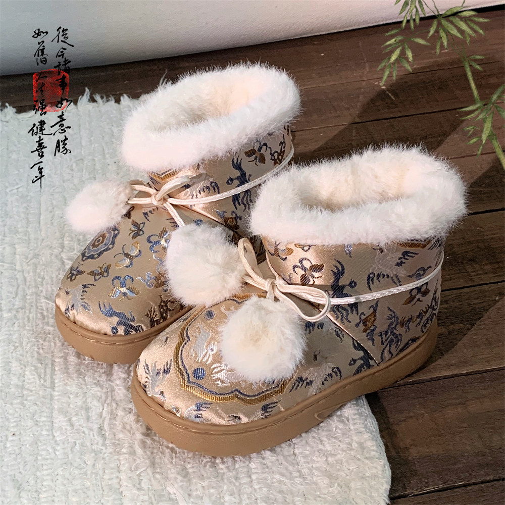 细细条 创意毛球儿童短靴古装汉服百搭女童宝宝冬季棉鞋古风鞋子,童鞋/婴儿鞋/亲子鞋,棉靴,淘宝优惠券,粉丝福利购,淘宝优惠卷