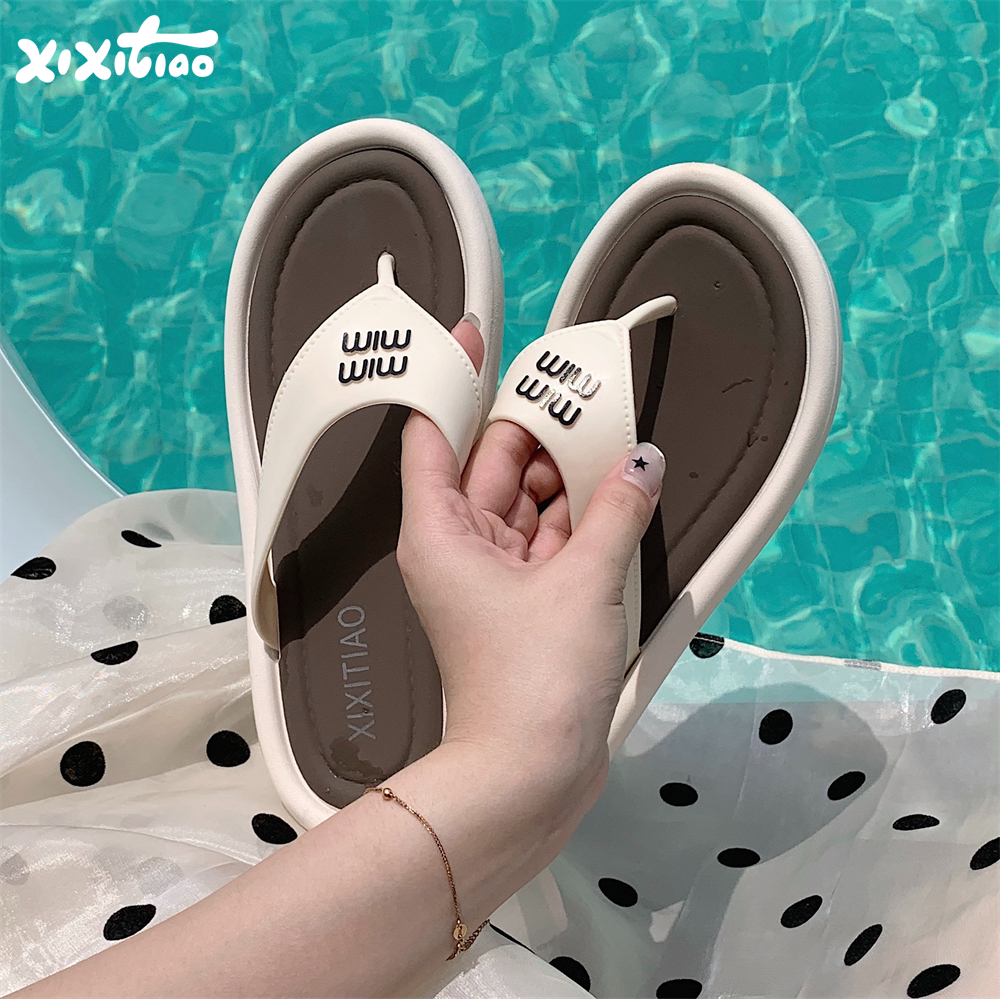 细细ins潮字母撞色底人字拖