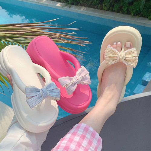 细细条仙女风格子蝴蝶结人字拖
