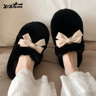 女 韩系蝴蝶结仙女风棉拖鞋 细细条 室内休闲防滑秋冬网红毛毛拖鞋