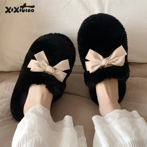 韩系蝴蝶结毛毛拖鞋细细条居家