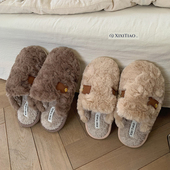 2025复古风毛毛鞋 细细条 男女 防滑居家情侣棉拖鞋 冬季 韩版 ins时尚