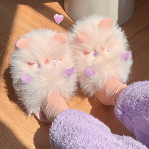 细细条少女心趣味软底毛毛棉拖鞋