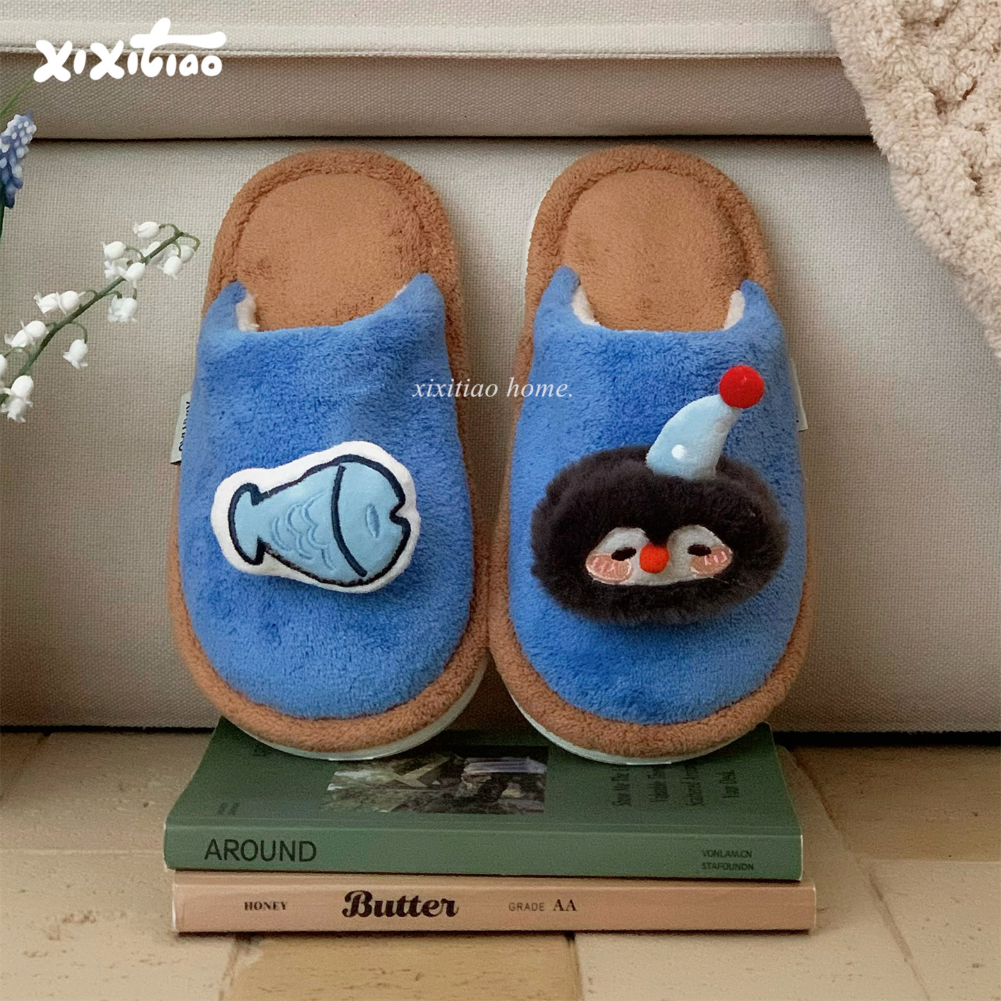 细细条 室内防滑可爱企鹅小鱼毛毛鞋男女保暖情侣秋冬撞色棉拖鞋,居家布艺,居家棉拖/棉鞋,淘宝优惠券,粉丝福利购,淘宝优惠卷