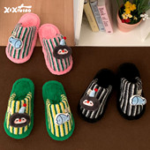 秋冬撞色条纹男女防滑居家毛毛鞋 细细条 可爱企鹅小鱼情侣棉拖鞋