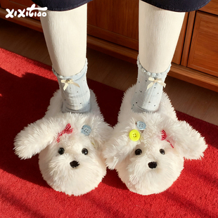月子鞋 细细条 少女心家居泰迪毛毛鞋 新款 可爱小狗棉拖鞋 2025冬季