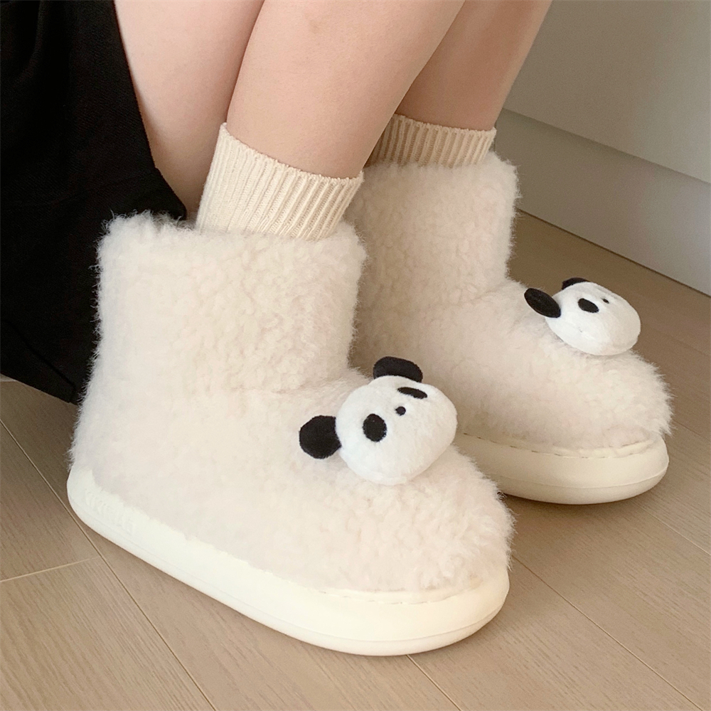 细细条网红可爱熊猫仿羊羔毛棉鞋