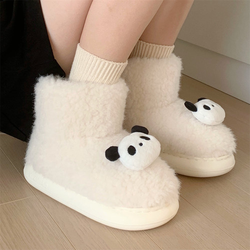 细细条网红可爱熊猫仿羊羔毛棉鞋