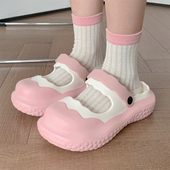 细细条 女 撞色沙滩凉鞋 甜美可爱花边包头半拖鞋 eva踩屎感厚底夏季