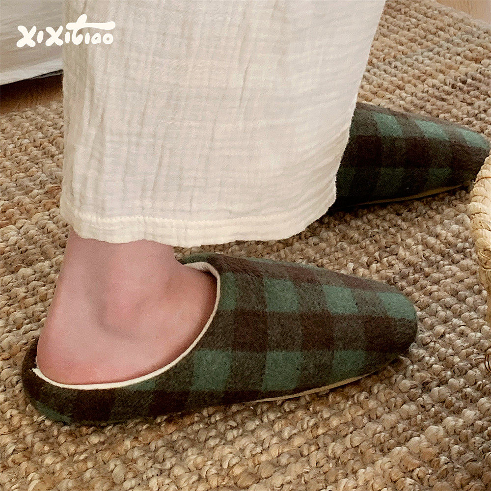 细细条 秋冬防滑居家静音地板鞋情侣复古撞色格子软底月子鞋男女,居家布艺,居家亚麻拖鞋,淘宝优惠券,粉丝福利购,淘宝优惠卷