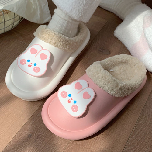 细细条可爱兔子防水防滑棉拖鞋女
