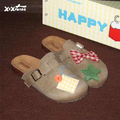 细细条复古ins格子蝴蝶结勃肯鞋