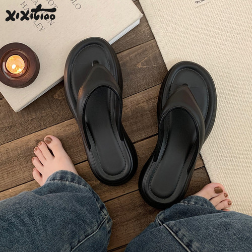 细细条简约风纯色休闲夹脚凉拖鞋