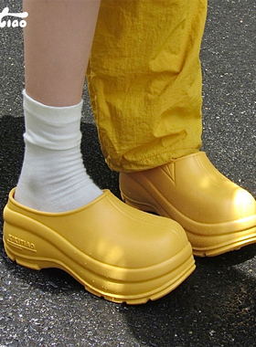 细细条 明黄色厨师鞋女春夏百搭增高厚底洞洞鞋懒人半拖鞋穆勒鞋