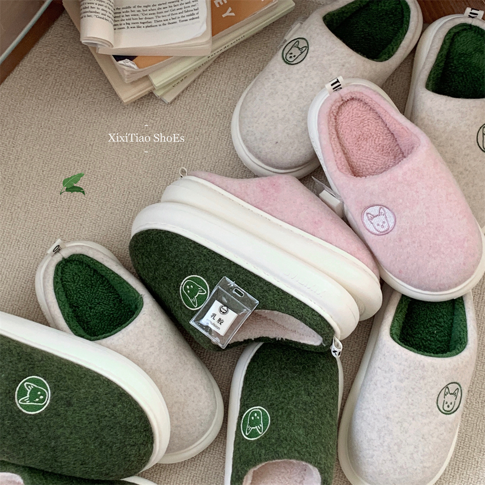 细细条 情侣卧室家用保暖加绒棉拖鞋冬季日系卡通小狗月子鞋男女