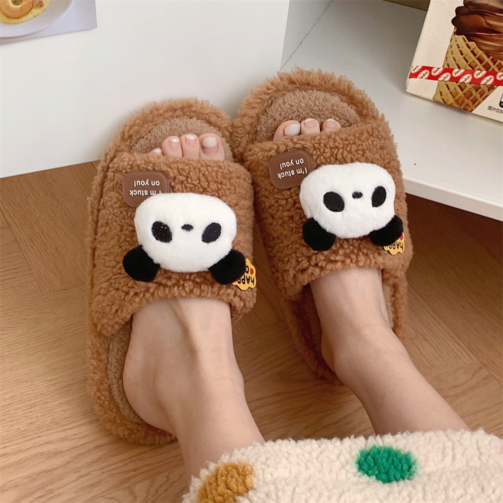 细细条可爱熊猫保暖居家毛毛拖鞋