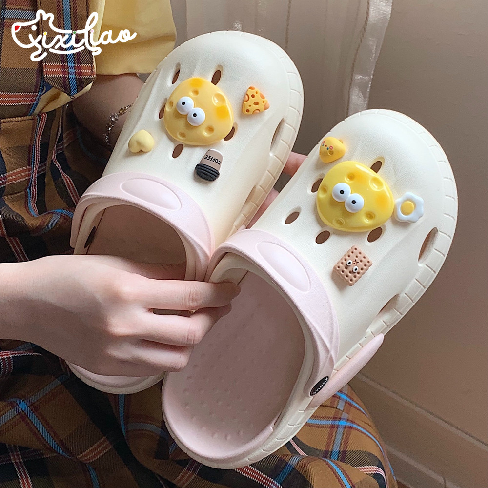 细细条 情侣室外防滑可爱芝士奶酪洞洞鞋时尚拼色夏季凉拖鞋男女