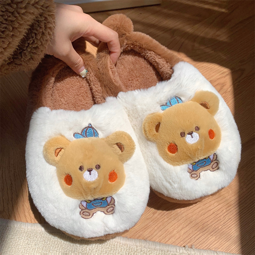 细细条软萌小熊保暖包跟棉拖鞋