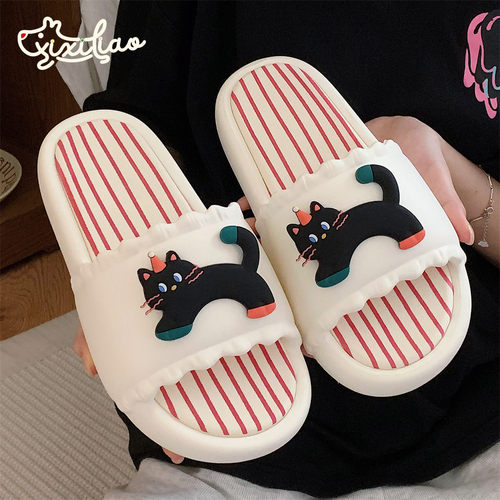 细细条个性黑色小猫eva一字拖鞋