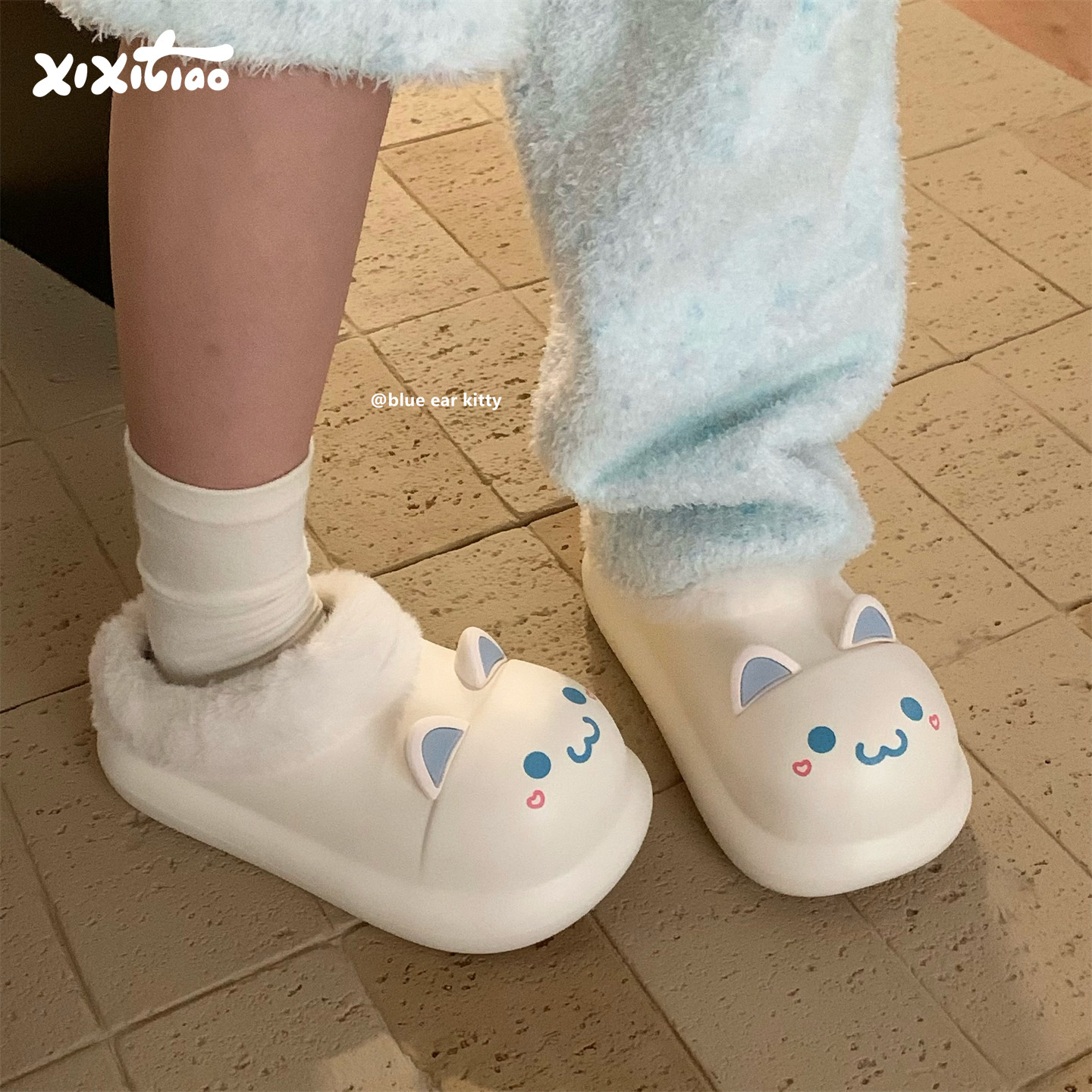 细细条 可外穿防水棉鞋家用可爱日系卡通猫防滑一脚蹬棉拖鞋女冬