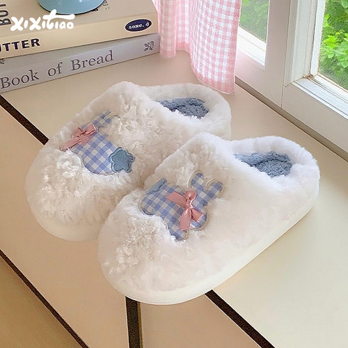 细细条格子小兔棉拖鞋女ins