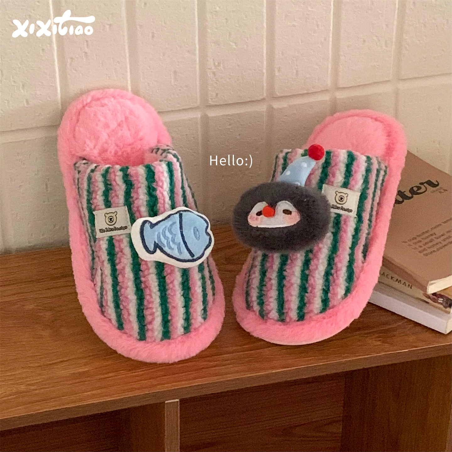 细细条可爱企鹅小鱼包头棉拖鞋