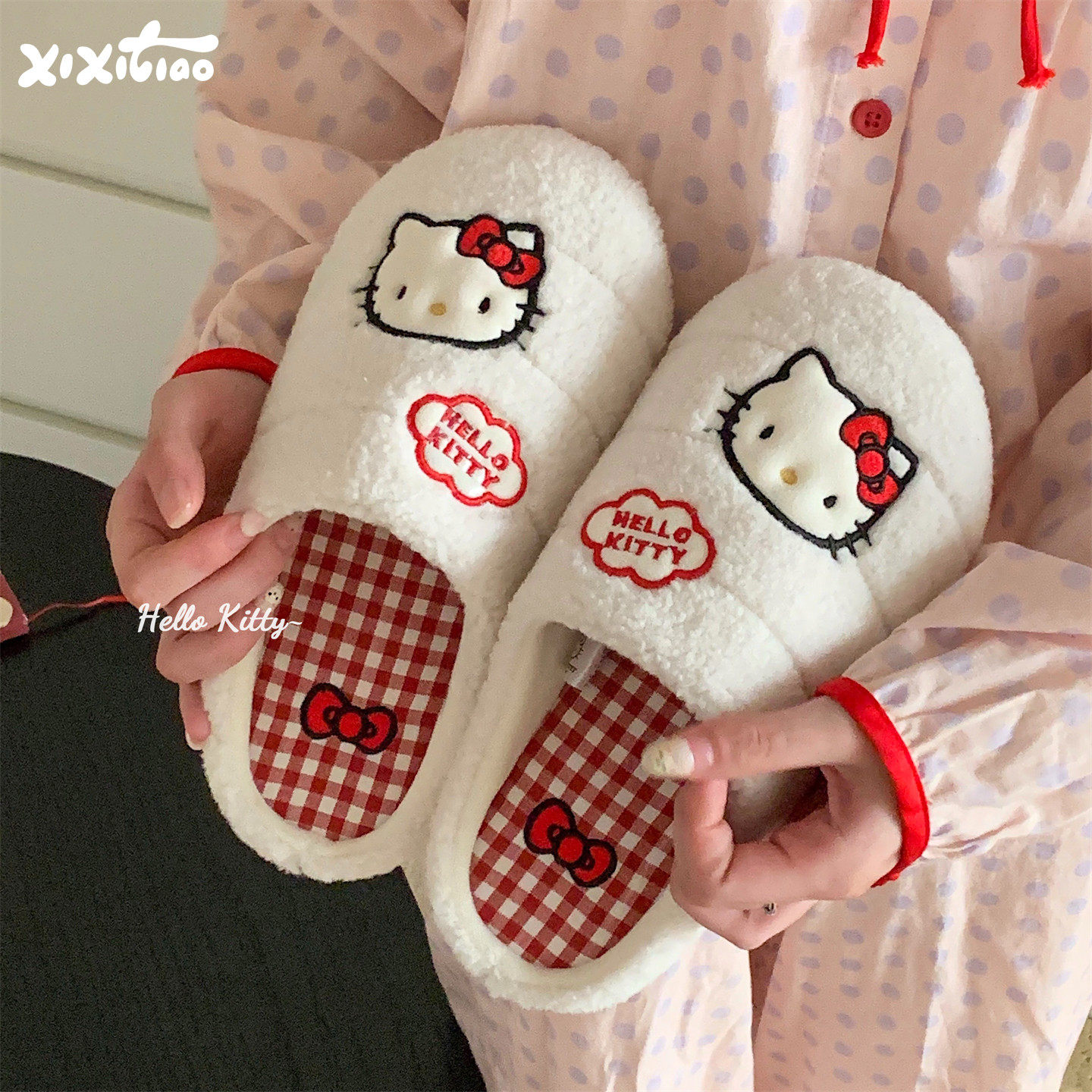 细细条 正版HelloKitty猫棉拖鞋女格子软底少女心冬季居家月子鞋