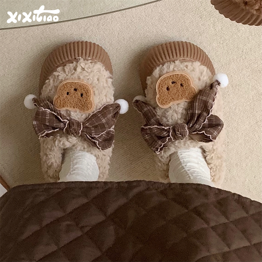 细细条蝴蝶结小熊网红面包鞋