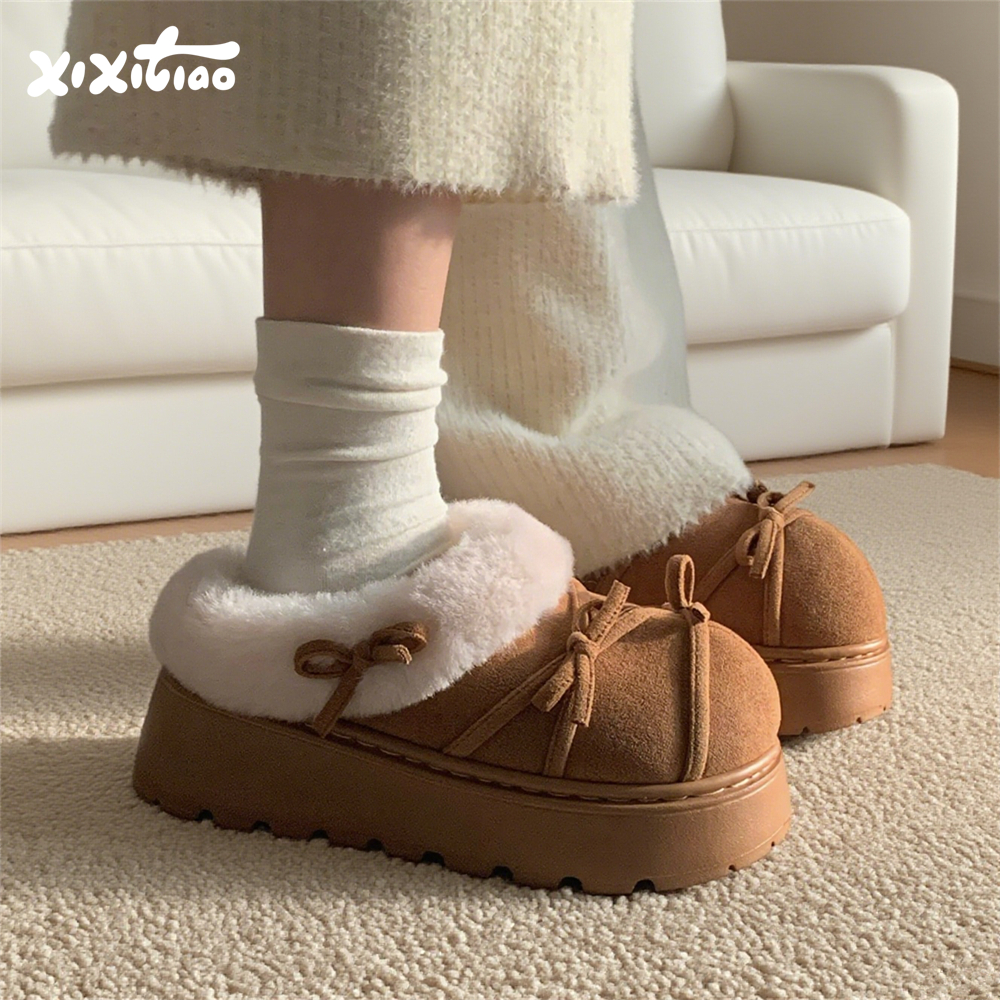 细细条韩系蝴蝶结冬季棉拖鞋女