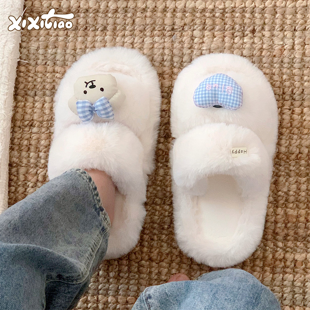 细细条爱心蝴蝶结小熊毛毛拖鞋