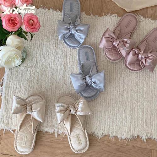 细细条休闲绸面蝴蝶结棉麻拖鞋